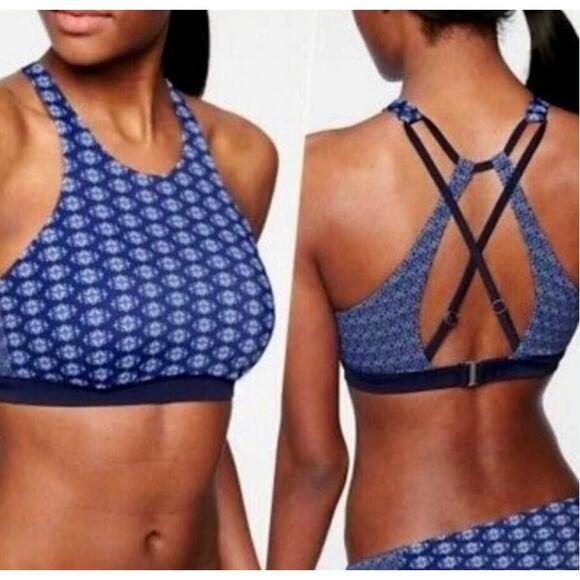 Athleta Tangier High Neck Bikini Top Cross Straps Back Dress Blue Size 36B 36C - Picture 9 of 9